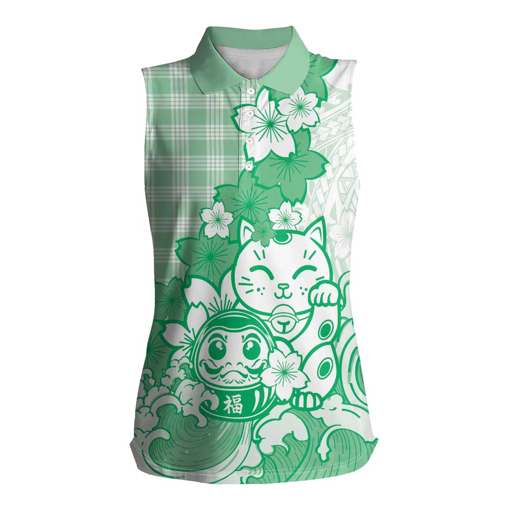 Green Palaka Hawaiian And Japanese Women Sleeveless Polo Shirt Maneki Neko And Sakura Bloom DT05 Female Green - Polynesian Pride