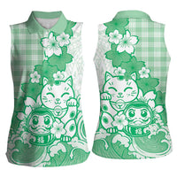 Green Palaka Hawaiian And Japanese Women Sleeveless Polo Shirt Maneki Neko And Sakura Bloom DT05 - Polynesian Pride