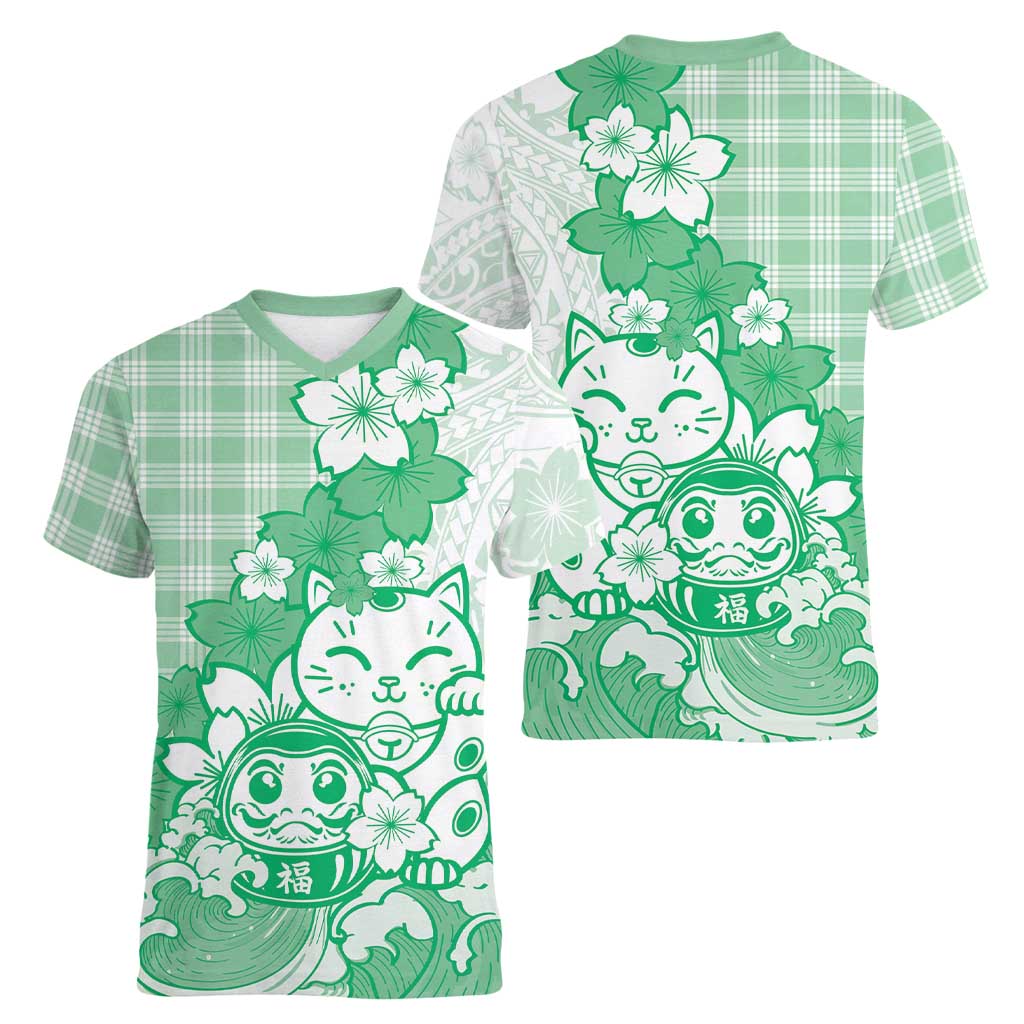 Green Palaka Hawaiian And Japanese Women V-Neck T-Shirt Maneki Neko And Sakura Bloom DT05 - Polynesian Pride