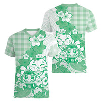 Green Palaka Hawaiian And Japanese Women V-Neck T-Shirt Maneki Neko And Sakura Bloom DT05 - Polynesian Pride
