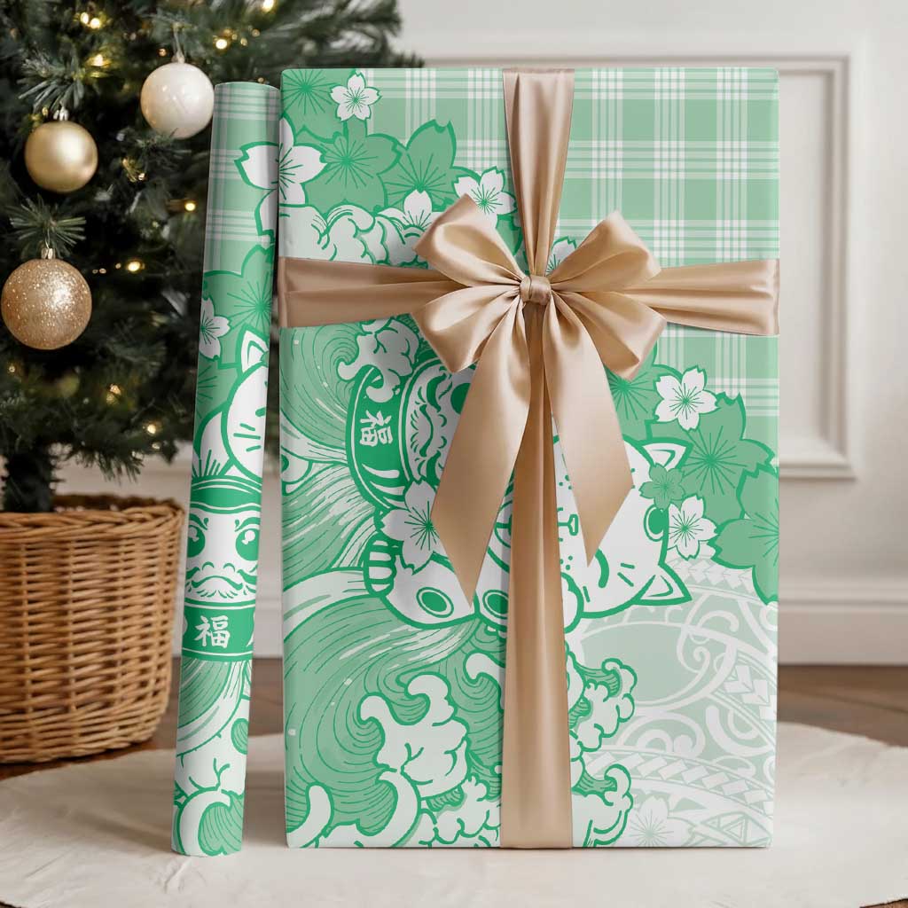 Green Palaka Hawaiian And Japanese Wrapping Paper Maneki Neko And Sakura Bloom