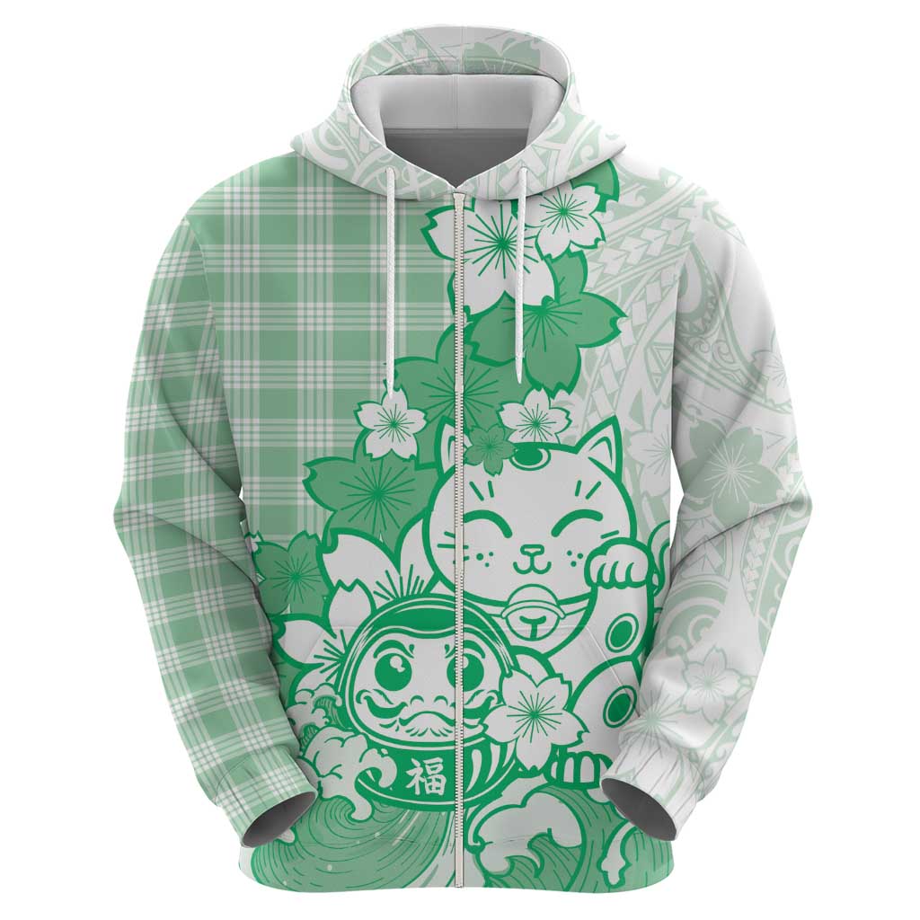 Green Palaka Hawaiian And Japanese Zip Hoodie Maneki Neko And Sakura Bloom