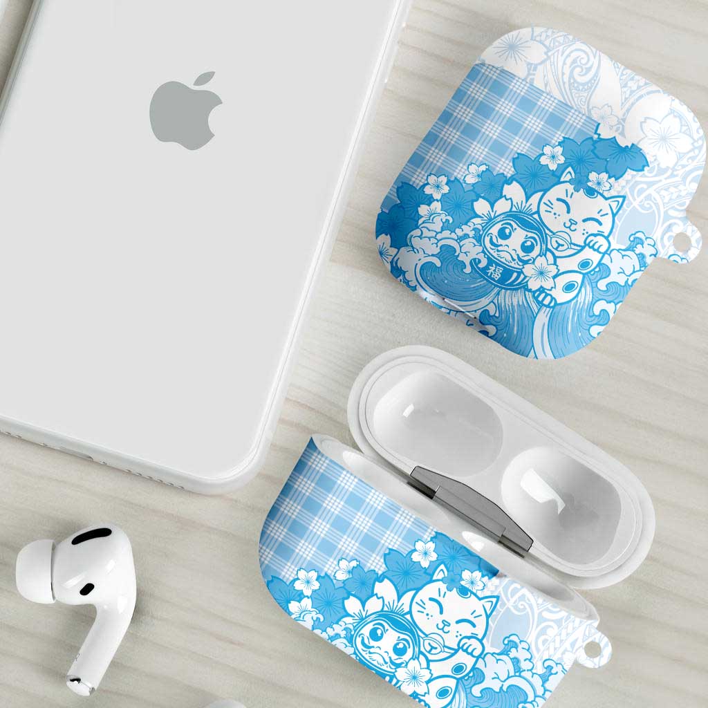 Blue Palaka Hawaiian And Japanese AirPods Case Maneki Neko And Sakura Bloom DT05 - Polynesian Pride