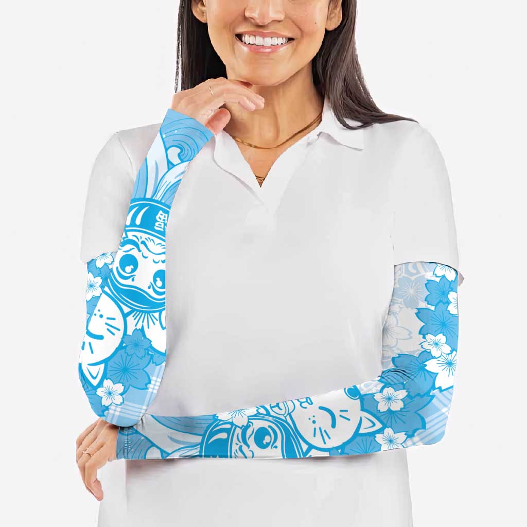 Blue Palaka Hawaiian And Japanese Arm Sleeves Maneki Neko And Sakura Bloom