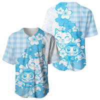 Blue Palaka Hawaiian And Japanese Baseball Jersey Maneki Neko And Sakura Bloom