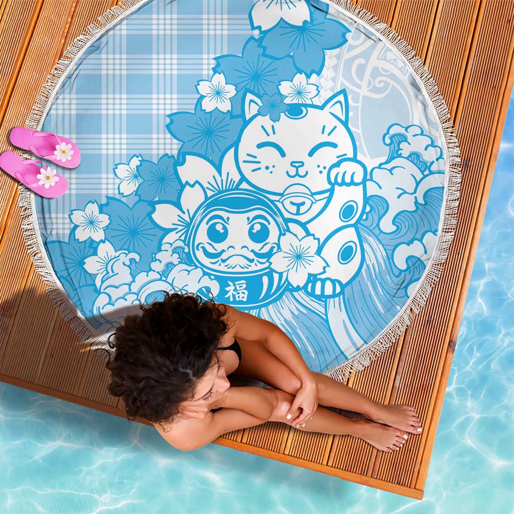 Blue Palaka Hawaiian And Japanese Beach Blanket Maneki Neko And Sakura Bloom