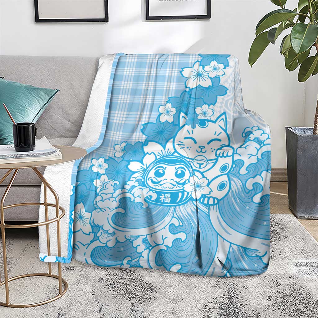 Blue Palaka Hawaiian And Japanese Blanket Maneki Neko And Sakura Bloom