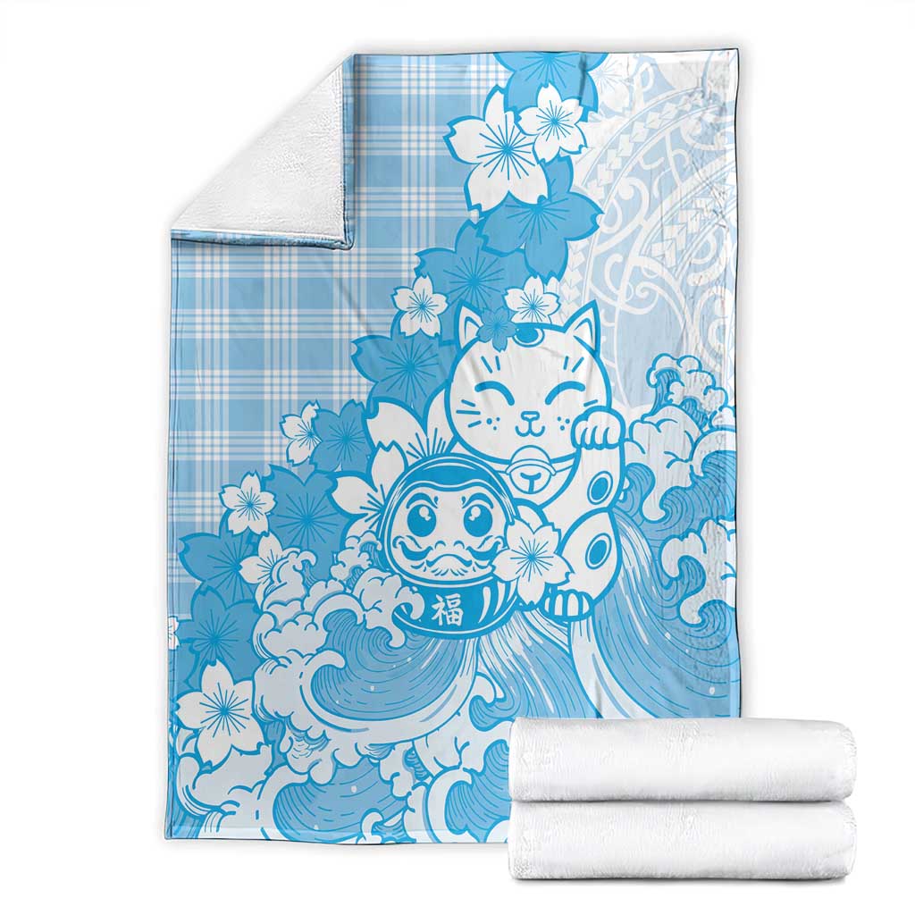 Blue Palaka Hawaiian And Japanese Blanket Maneki Neko And Sakura Bloom