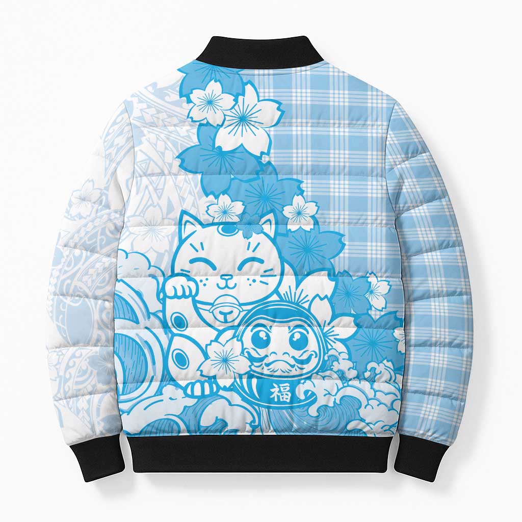 Blue Palaka Hawaiian And Japanese Bomber Puffer Jacket Maneki Neko And Sakura Bloom