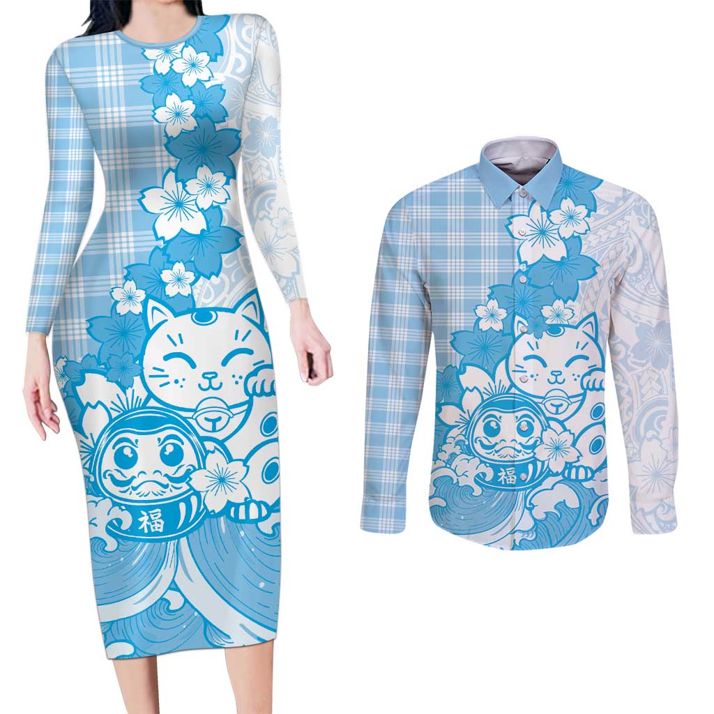 Blue Palaka Hawaiian And Japanese Couples Matching Long Sleeve Bodycon Dress and Long Sleeve Button Shirt Maneki Neko And Sakura Bloom DT05 Blue - Polynesian Pride