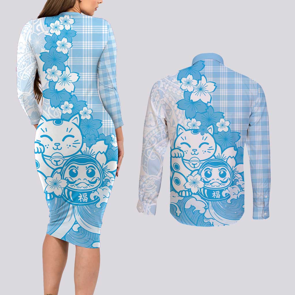 Blue Palaka Hawaiian And Japanese Couples Matching Long Sleeve Bodycon Dress and Long Sleeve Button Shirt Maneki Neko And Sakura Bloom DT05 - Polynesian Pride