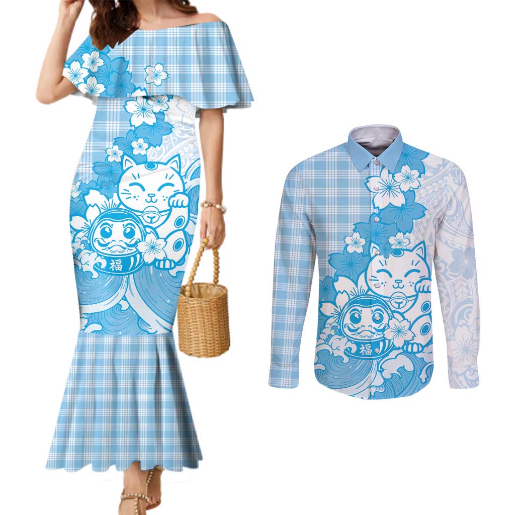 Blue Palaka Hawaiian And Japanese Couples Matching Mermaid Dress and Long Sleeve Button Shirt Maneki Neko And Sakura Bloom DT05 Blue - Polynesian Pride