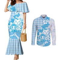 Blue Palaka Hawaiian And Japanese Couples Matching Mermaid Dress and Long Sleeve Button Shirt Maneki Neko And Sakura Bloom DT05 Blue - Polynesian Pride