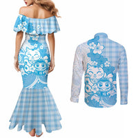 Blue Palaka Hawaiian And Japanese Couples Matching Mermaid Dress and Long Sleeve Button Shirt Maneki Neko And Sakura Bloom DT05 - Polynesian Pride
