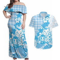 Blue Palaka Hawaiian And Japanese Couples Matching Off Shoulder Maxi Dress and Hawaiian Shirt Maneki Neko And Sakura Bloom DT05 Blue - Polynesian Pride