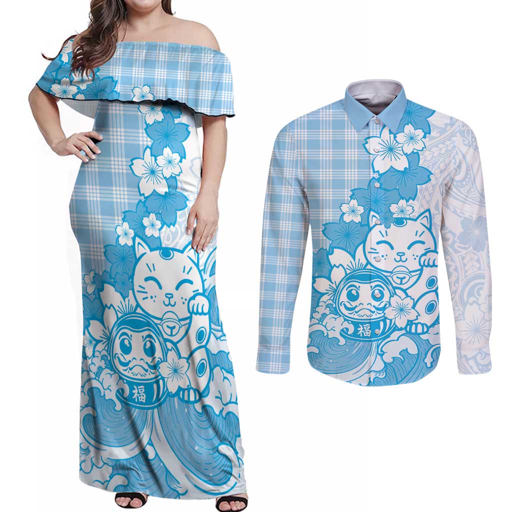 Blue Palaka Hawaiian And Japanese Couples Matching Off Shoulder Maxi Dress and Long Sleeve Button Shirt Maneki Neko And Sakura Bloom DT05 Blue - Polynesian Pride
