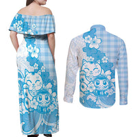 Blue Palaka Hawaiian And Japanese Couples Matching Off Shoulder Maxi Dress and Long Sleeve Button Shirt Maneki Neko And Sakura Bloom DT05 - Polynesian Pride