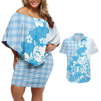 Blue Palaka Hawaiian And Japanese Couples Matching Off Shoulder Short Dress and Hawaiian Shirt Maneki Neko And Sakura Bloom DT05 Blue - Polynesian Pride