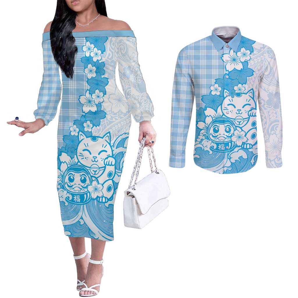 Blue Palaka Hawaiian And Japanese Couples Matching Off The Shoulder Long Sleeve Dress and Long Sleeve Button Shirt Maneki Neko And Sakura Bloom DT05 Blue - Polynesian Pride