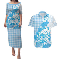 Blue Palaka Hawaiian And Japanese Couples Matching Puletasi and Hawaiian Shirt Maneki Neko And Sakura Bloom DT05 Blue - Polynesian Pride