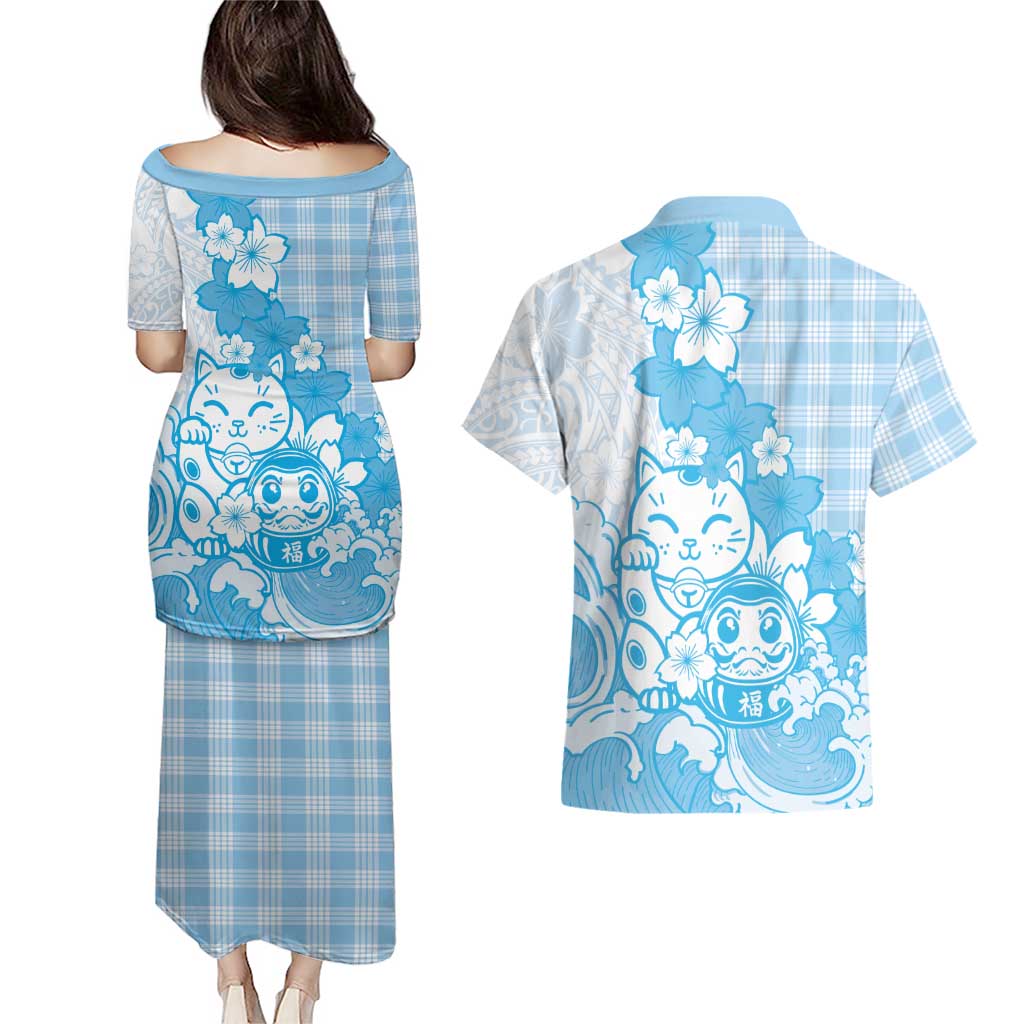 Blue Palaka Hawaiian And Japanese Couples Matching Puletasi and Hawaiian Shirt Maneki Neko And Sakura Bloom DT05 - Polynesian Pride