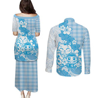 Blue Palaka Hawaiian And Japanese Couples Matching Puletasi and Long Sleeve Button Shirt Maneki Neko And Sakura Bloom
