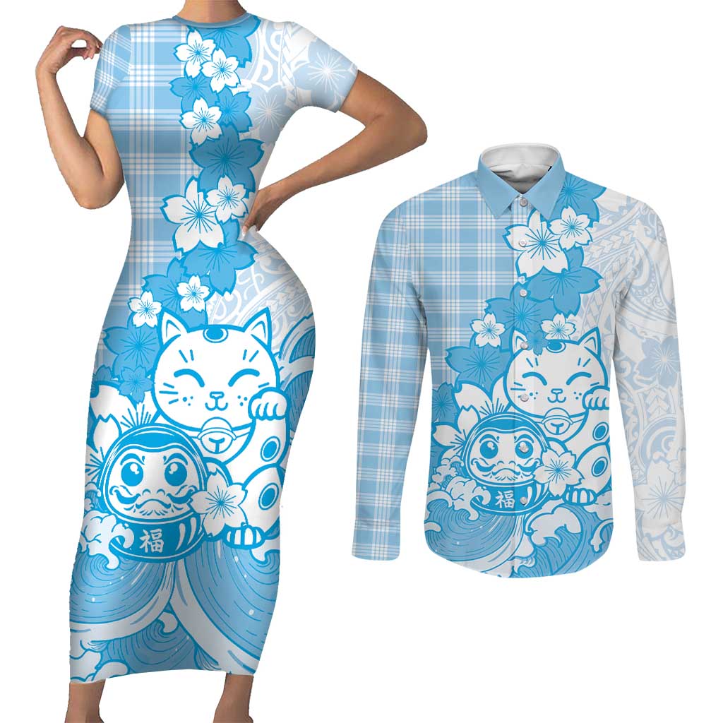 Blue Palaka Hawaiian And Japanese Couples Matching Short Sleeve Bodycon Dress and Long Sleeve Button Shirt Maneki Neko And Sakura Bloom DT05 Blue - Polynesian Pride