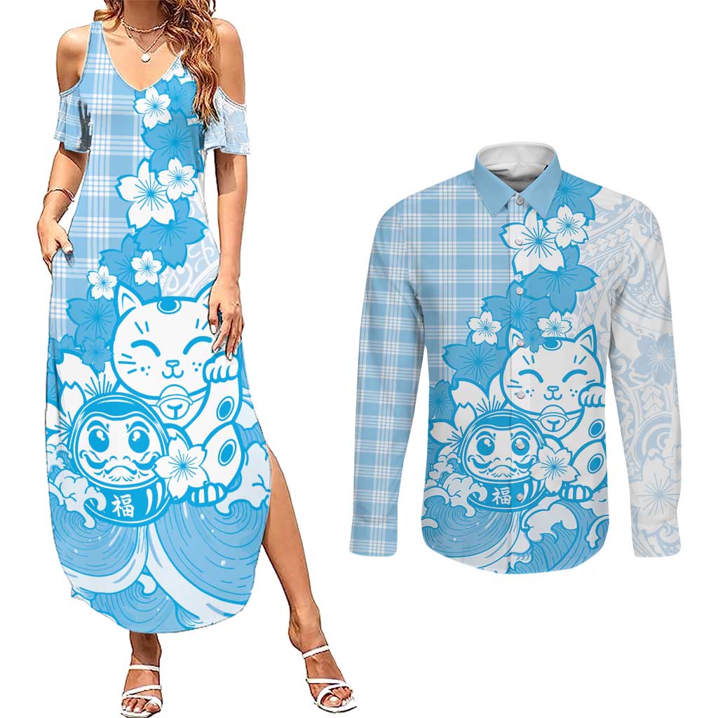 Blue Palaka Hawaiian And Japanese Couples Matching Summer Maxi Dress and Long Sleeve Button Shirt Maneki Neko And Sakura Bloom DT05 Blue - Polynesian Pride