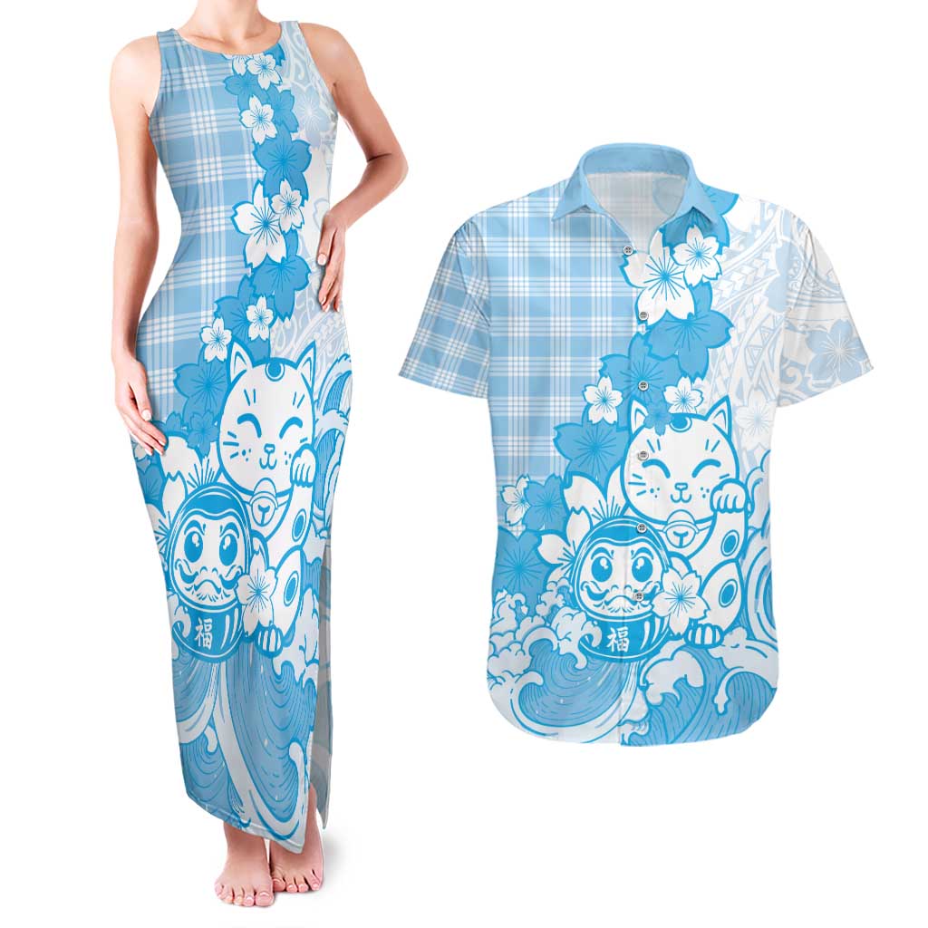 Blue Palaka Hawaiian And Japanese Couples Matching Tank Maxi Dress and Hawaiian Shirt Maneki Neko And Sakura Bloom DT05 Blue - Polynesian Pride