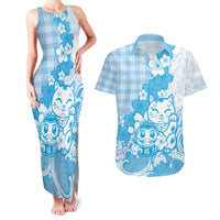 Blue Palaka Hawaiian And Japanese Couples Matching Tank Maxi Dress and Hawaiian Shirt Maneki Neko And Sakura Bloom DT05 Blue - Polynesian Pride