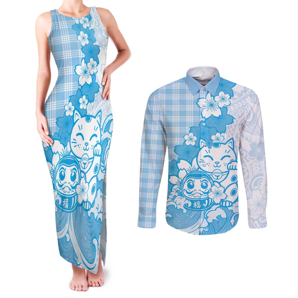 Blue Palaka Hawaiian And Japanese Couples Matching Tank Maxi Dress and Long Sleeve Button Shirt Maneki Neko And Sakura Bloom DT05 Blue - Polynesian Pride
