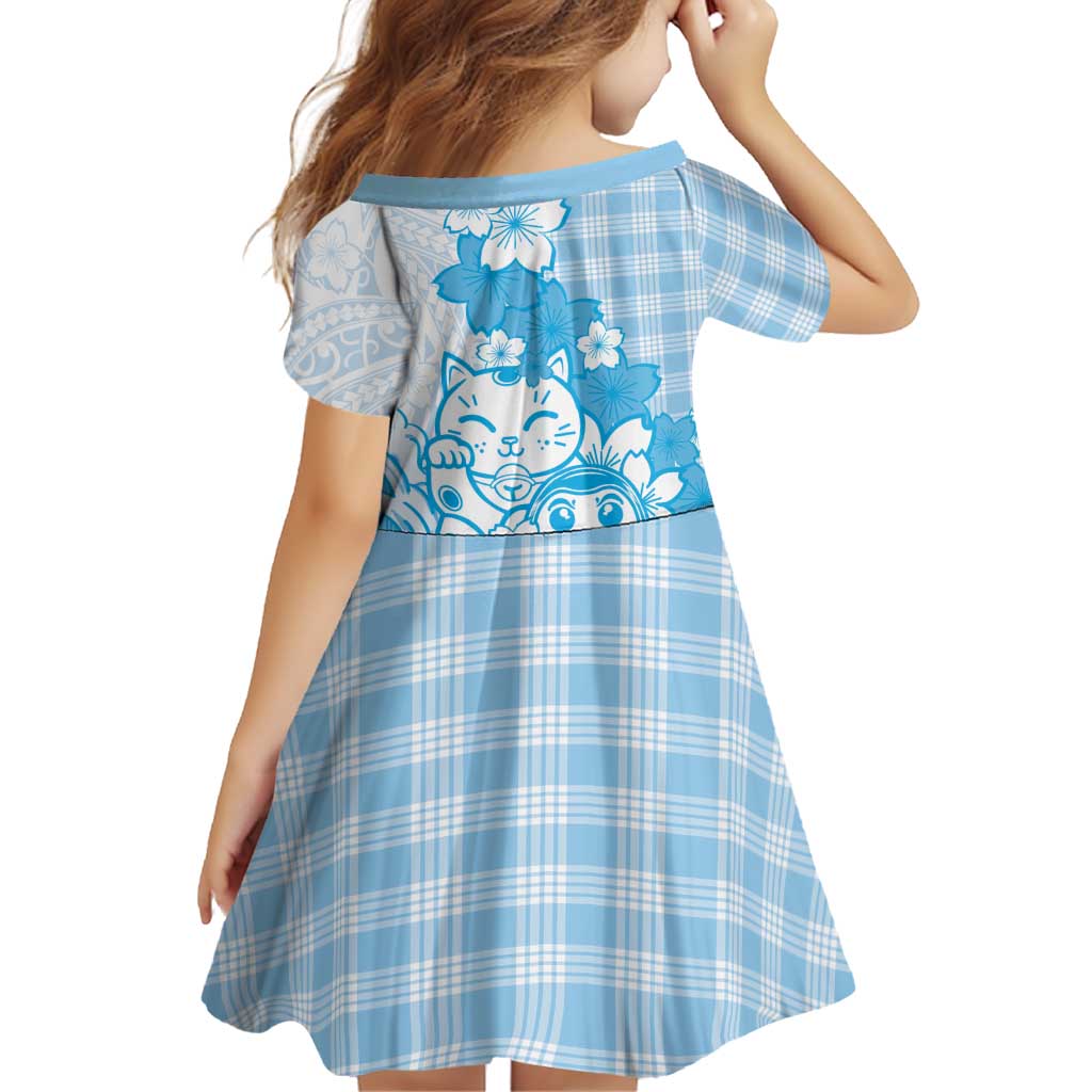 Blue Palaka Hawaiian And Japanese Family Matching Long Sleeve Bodycon Dress and Hawaiian Shirt Maneki Neko And Sakura Bloom DT05 - Polynesian Pride