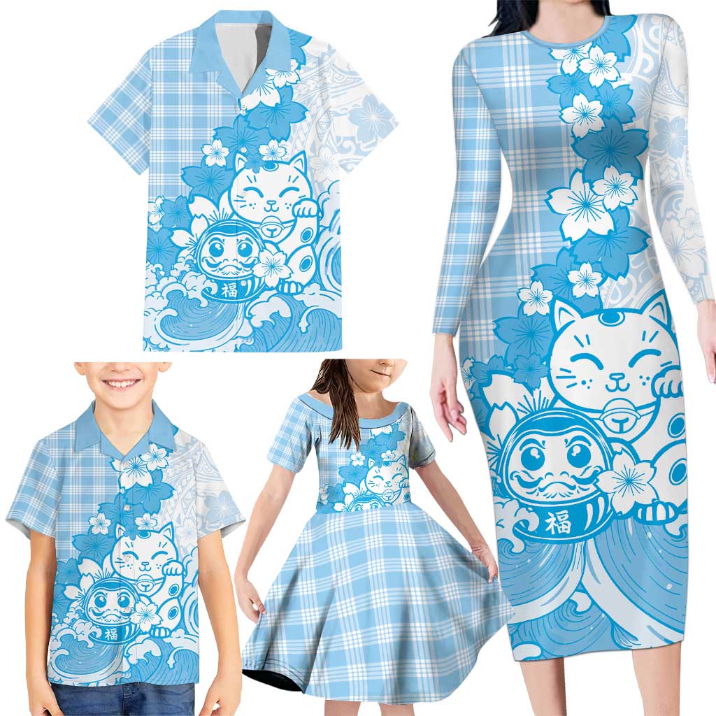 Blue Palaka Hawaiian And Japanese Family Matching Long Sleeve Bodycon Dress and Hawaiian Shirt Maneki Neko And Sakura Bloom DT05 - Polynesian Pride