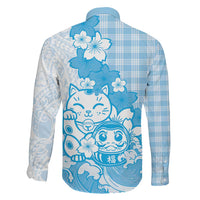 Blue Palaka Hawaiian And Japanese Family Matching Long Sleeve Bodycon Dress and Hawaiian Shirt Maneki Neko And Sakura Bloom DT05 - Polynesian Pride