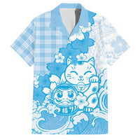 Blue Palaka Hawaiian And Japanese Family Matching Mermaid Dress and Hawaiian Shirt Maneki Neko And Sakura Bloom DT05 Dad's Shirt - Short Sleeve Blue - Polynesian Pride