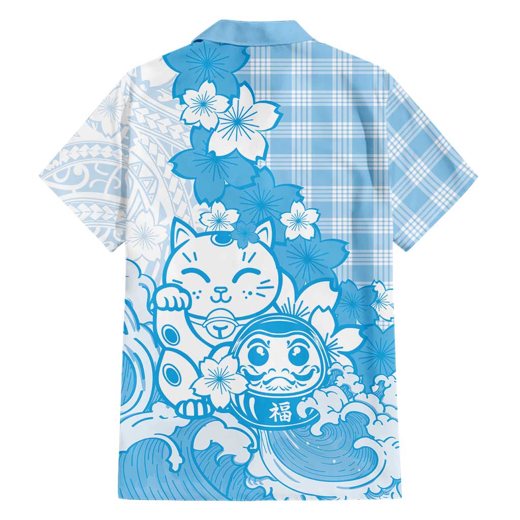 Blue Palaka Hawaiian And Japanese Family Matching Mermaid Dress and Hawaiian Shirt Maneki Neko And Sakura Bloom DT05 - Polynesian Pride