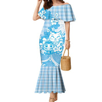 Blue Palaka Hawaiian And Japanese Family Matching Mermaid Dress and Hawaiian Shirt Maneki Neko And Sakura Bloom DT05 Mom's Dress Blue - Polynesian Pride