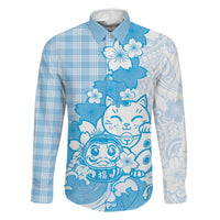 Blue Palaka Hawaiian And Japanese Family Matching Off Shoulder Short Dress and Hawaiian Shirt Maneki Neko And Sakura Bloom DT05 Dad's Shirt - Long Sleeve Blue - Polynesian Pride
