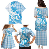 Blue Palaka Hawaiian And Japanese Family Matching Puletasi and Hawaiian Shirt Maneki Neko And Sakura Bloom DT05 - Polynesian Pride