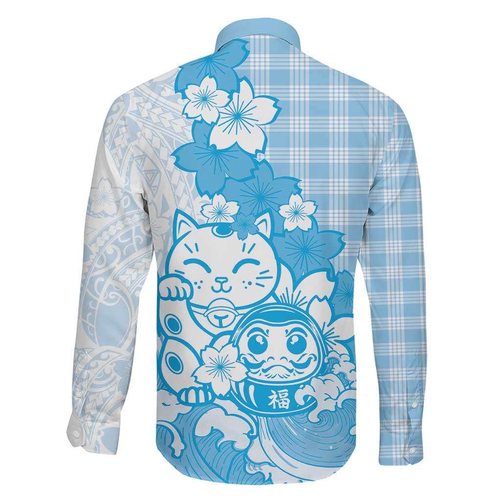 Blue Palaka Hawaiian And Japanese Family Matching Puletasi and Hawaiian Shirt Maneki Neko And Sakura Bloom DT05 - Polynesian Pride
