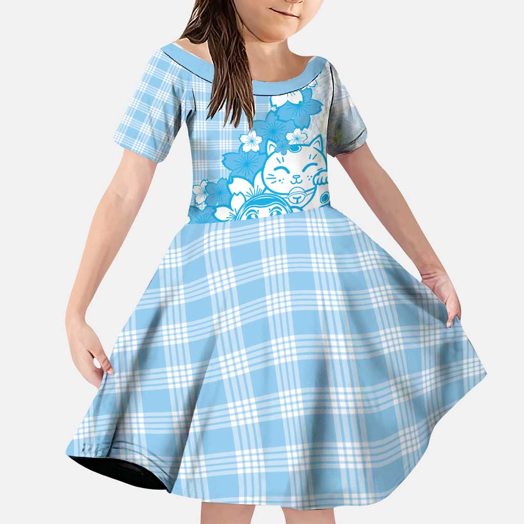 Blue Palaka Hawaiian And Japanese Family Matching Summer Maxi Dress and Hawaiian Shirt Maneki Neko And Sakura Bloom DT05 Daughter's Dress Blue - Polynesian Pride