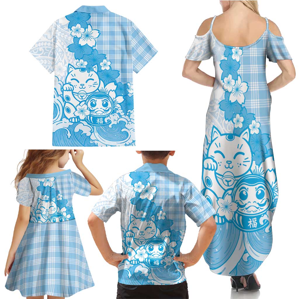 Blue Palaka Hawaiian And Japanese Family Matching Summer Maxi Dress and Hawaiian Shirt Maneki Neko And Sakura Bloom DT05 - Polynesian Pride