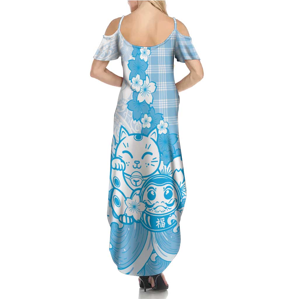 Blue Palaka Hawaiian And Japanese Family Matching Summer Maxi Dress and Hawaiian Shirt Maneki Neko And Sakura Bloom DT05 - Polynesian Pride
