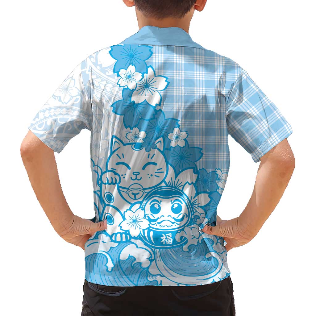 Blue Palaka Hawaiian And Japanese Family Matching Tank Maxi Dress and Hawaiian Shirt Maneki Neko And Sakura Bloom DT05 - Polynesian Pride