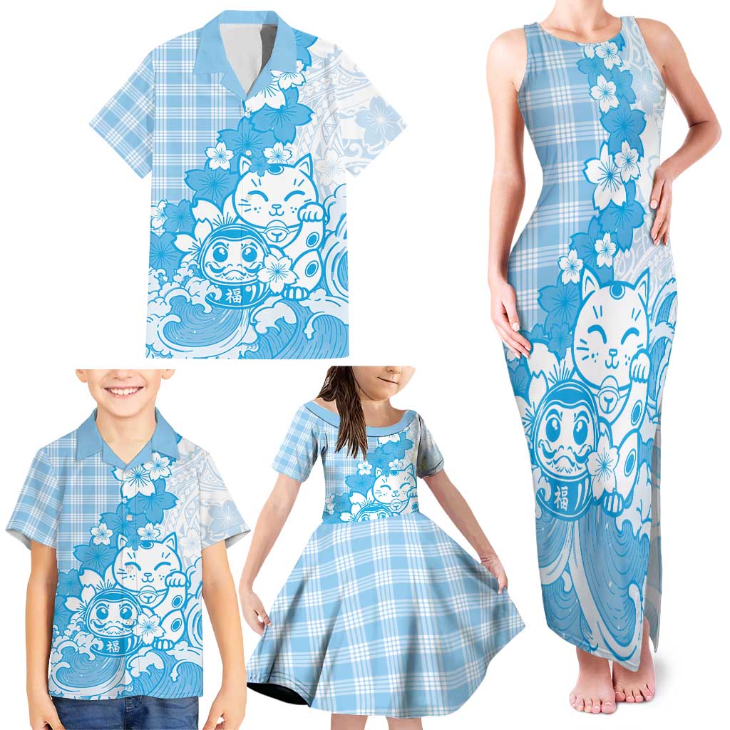 Blue Palaka Hawaiian And Japanese Family Matching Tank Maxi Dress and Hawaiian Shirt Maneki Neko And Sakura Bloom