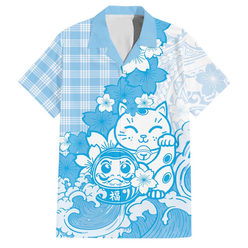 Blue Palaka Hawaiian And Japanese Family Matching Tank Maxi Dress and Hawaiian Shirt Maneki Neko And Sakura Bloom DT05 Dad's Shirt - Short Sleeve Blue - Polynesian Pride