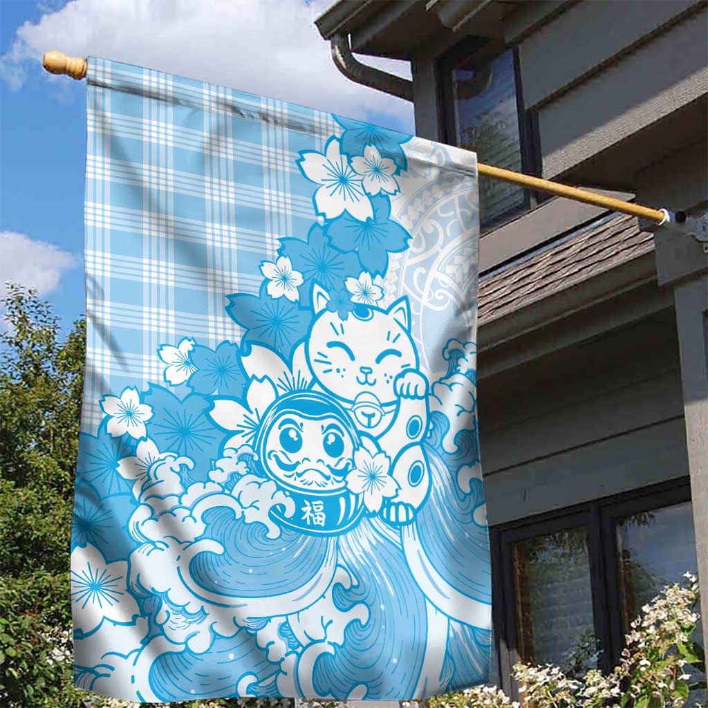 Blue Palaka Hawaiian And Japanese Garden Flag Maneki Neko And Sakura Bloom