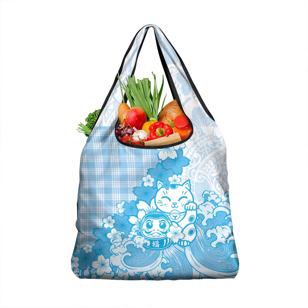 Blue Palaka Hawaiian And Japanese Grocery Bag Maneki Neko And Sakura Bloom