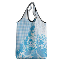 Blue Palaka Hawaiian And Japanese Grocery Bag Maneki Neko And Sakura Bloom