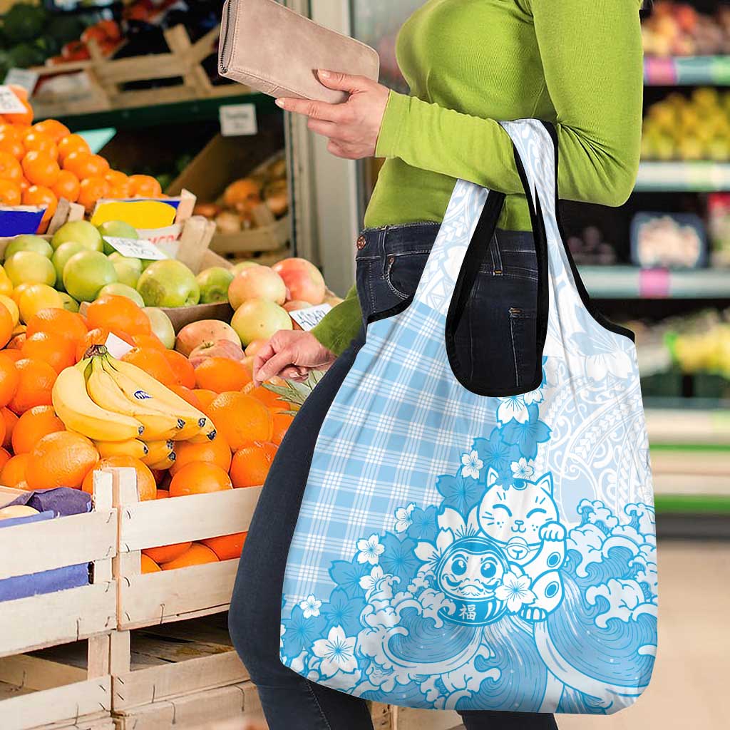 Blue Palaka Hawaiian And Japanese Grocery Bag Maneki Neko And Sakura Bloom